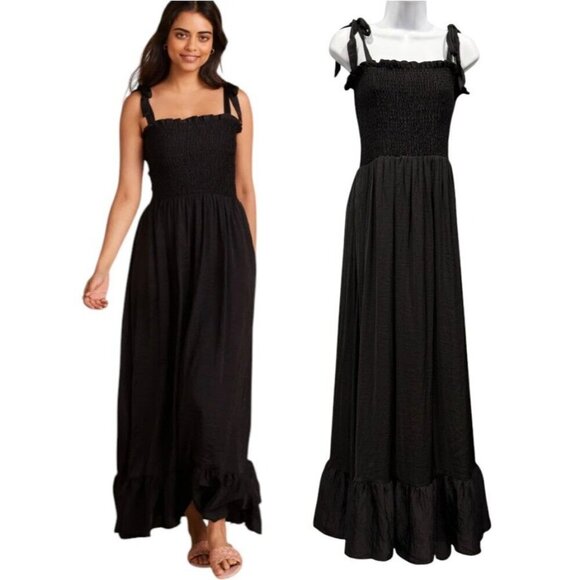 summersalt Dresses & Skirts - Summersalt Silky Luxe Maxi Dress Smocked Ruffle Hem Tie Straps Black Boho Size M
